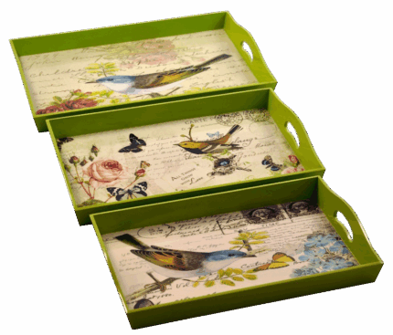 Misiny-Kuş Desenli Ahşap Tepsi 3'lü Seti-002