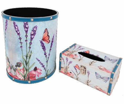 Misiny-Lavanta Desenli Deri Çöp Kutusu Seti