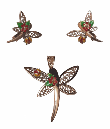 Misiny-Uğur Böcekli Çiçek Set - Küpe ve Kolye Ucu (Rose)