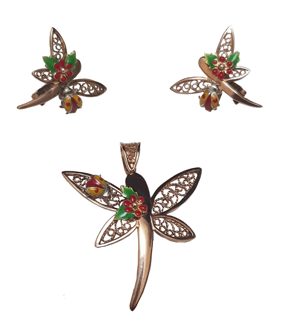 Misiny-Uğur Böcekli Çiçek Set - Küpe ve Kolye Ucu (Rose) Misiny-Uğur Böcekli Çiçek Set - Küpe ve Kolye Ucu (Rose)