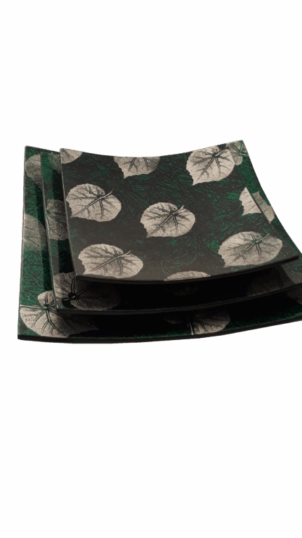 Misiny-Yeşil Yaprak Desen El Boyama Dekoratif Tabak Seti -3'lü